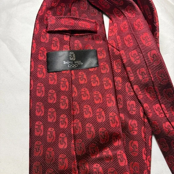 RARE Beijing 2008 Olympic Neck Tie Limited Edition Beijing Logo Silk Red